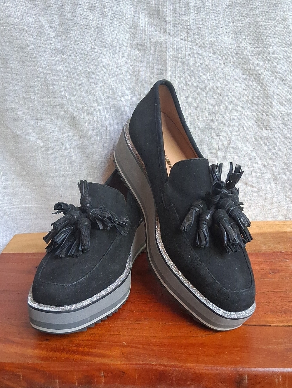 Johnston & Murphy Black Suede Tassel Platform Loafers 6.5
